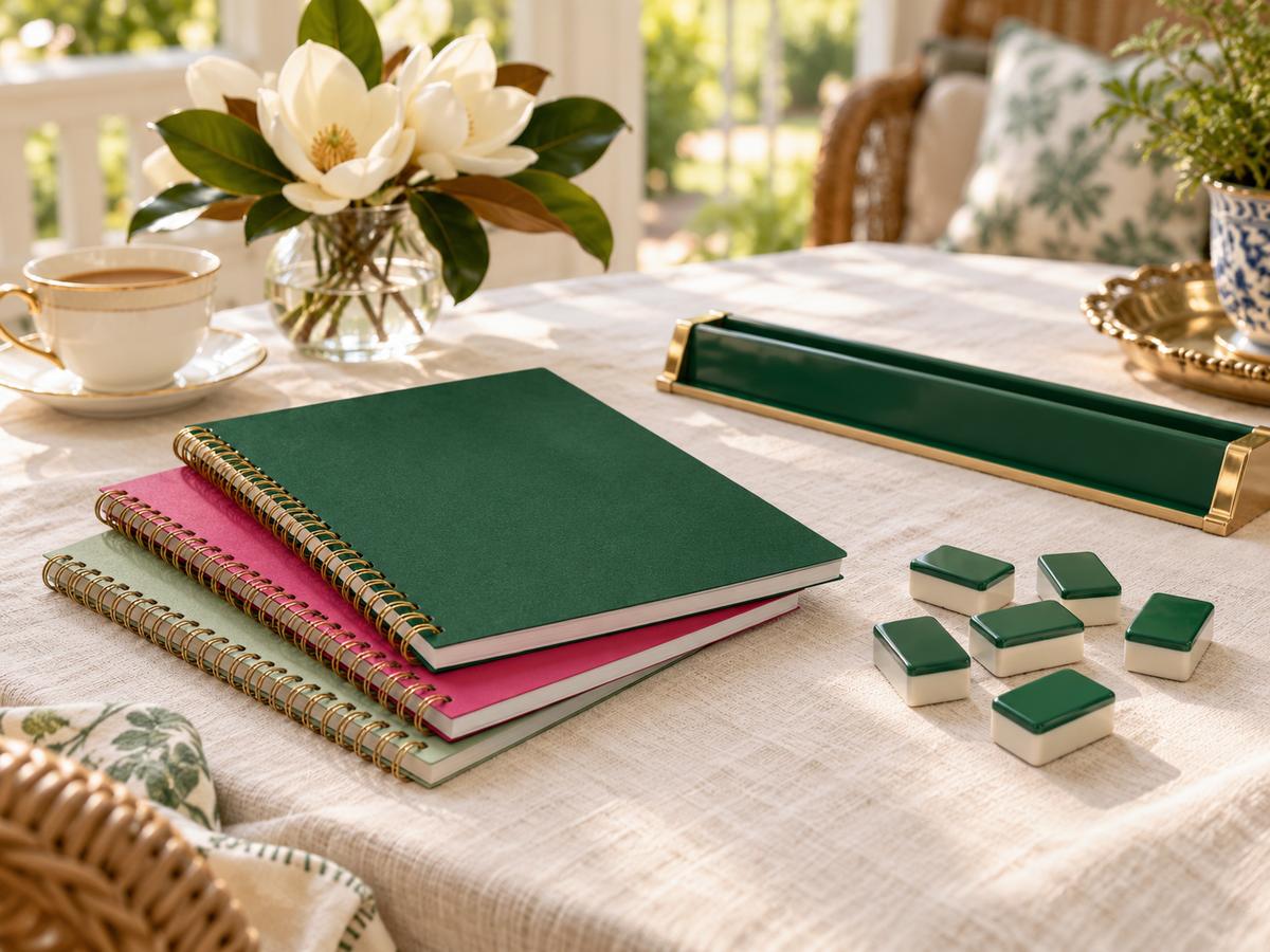 A sunny porch table set for a mahjong game: tea, magnolias, notebooks, a rack and tiles.