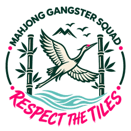 Mahjong Gangster Squad badge logo: a crane with bamboo and mountains, with the tagline Respect the Tiles
